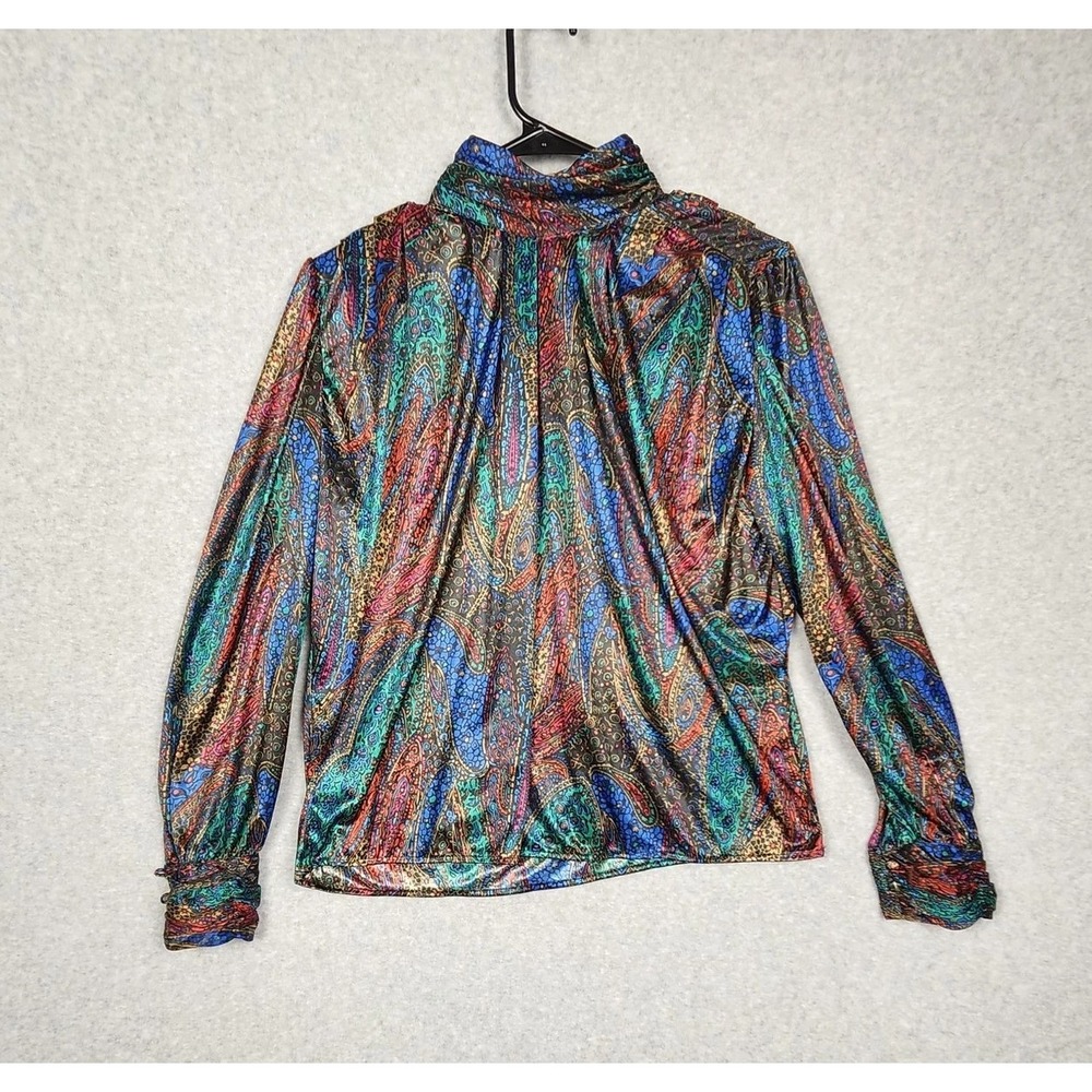 Vintage Tess Petite Blouse Womens 12P Multicolor Paisley Metallic Button Up‎ 90s